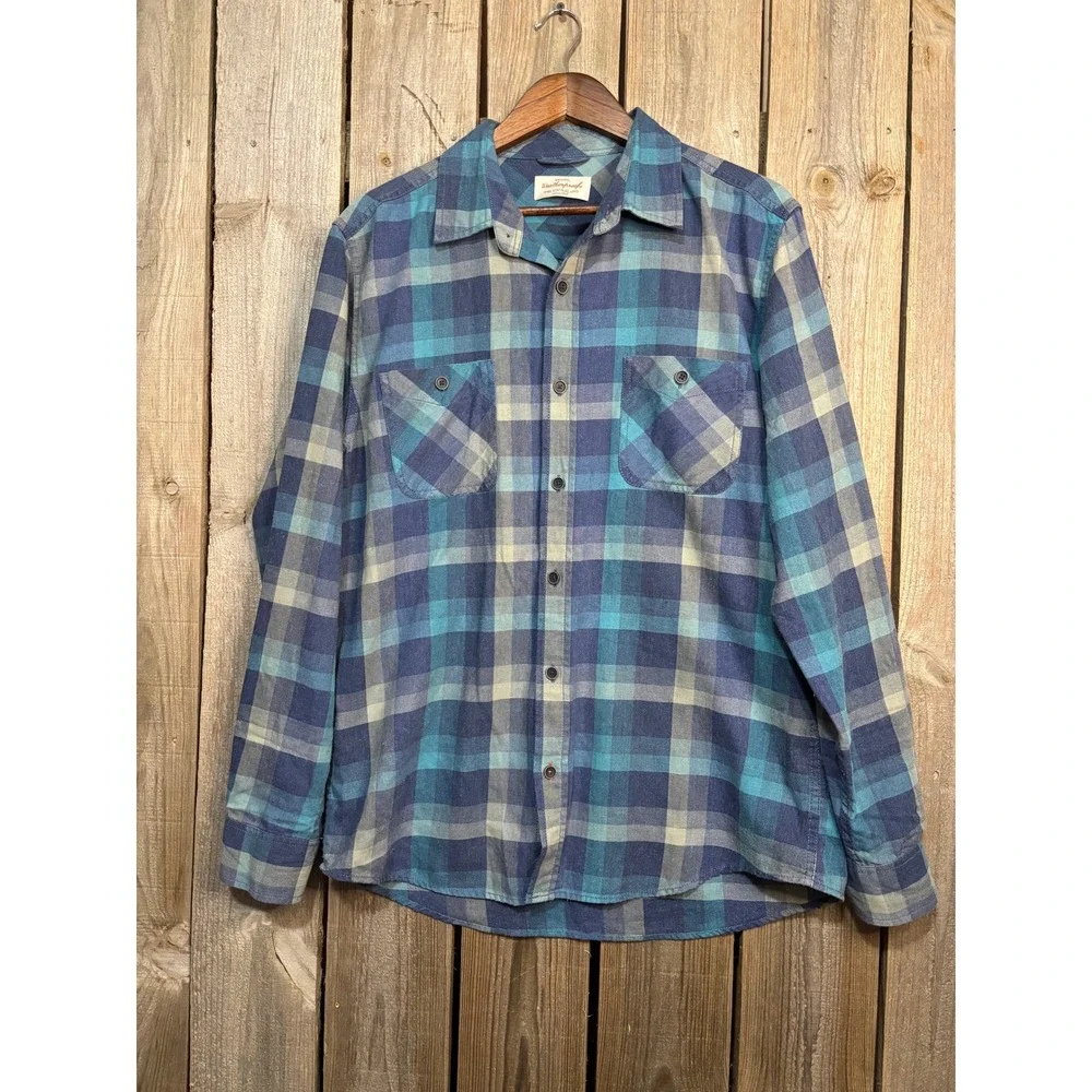 Weatherproof Vintage Mens Blue Teal Plaid Flannel Button Down Shirt Large